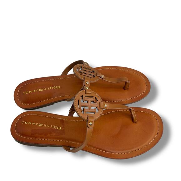 Tommy Hilfiger Logo Sandals Size 10 Brown Litzy T-Strap Flip Flop Flat Thong EUC - Picture 8 of 10